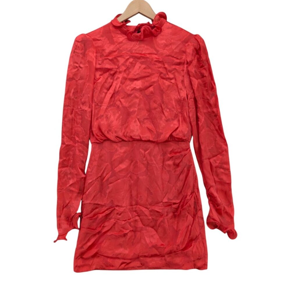 Saloni Daybreak Mini Dress Hot Coral Red Jacquard Silk Blend Long Sleeve Size 6